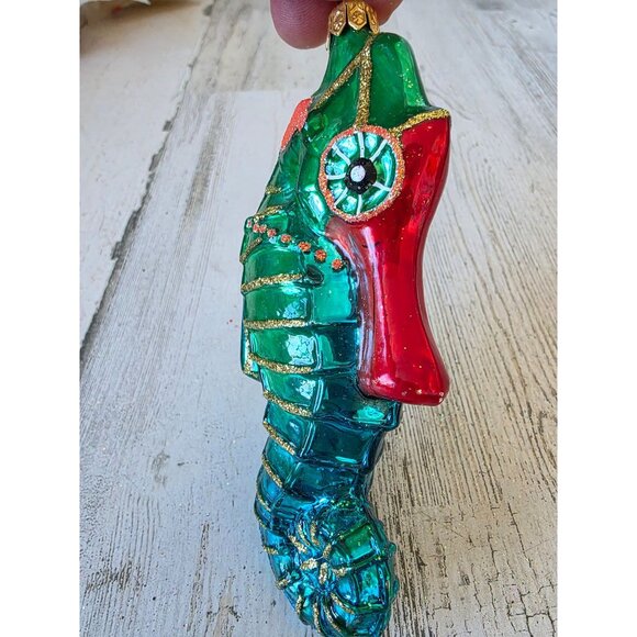 vintage Green glitter seahorse glass ornament tropical Hawaiian beach Xmas tree - Picture 2 of 7